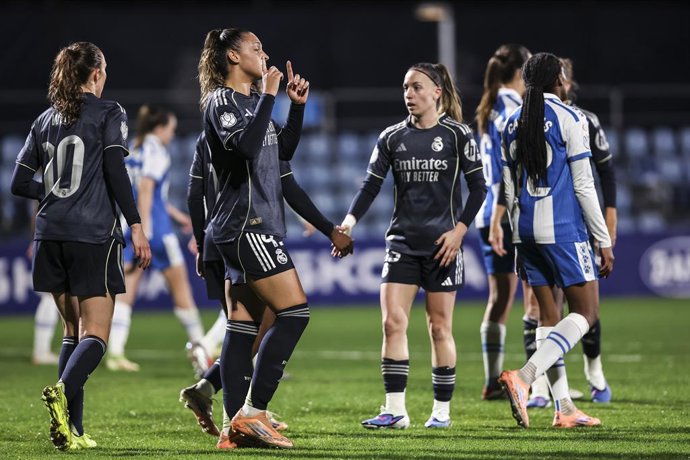 Iris Ashley Santiago Garrido of Real Madrid CF celebrates a goal during the Spanish Women Cup, Copa de la Reina, Round of 16 football match played between RCD Espanyol and Real Madrid CF at Ciutat Esportiva Dani Jarque on December 20, 2025 in Barcelona.