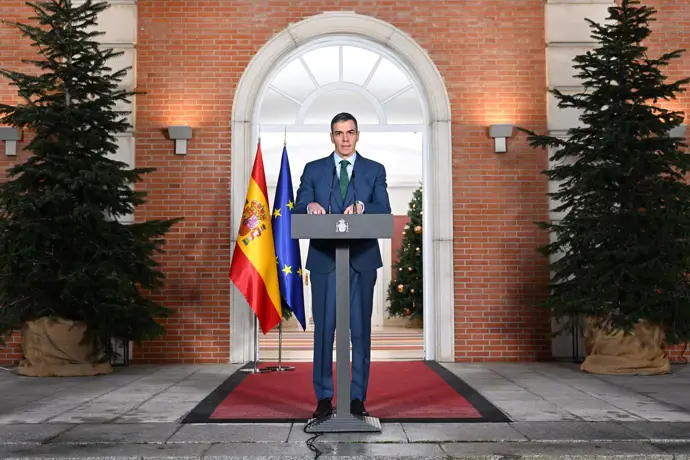 Pedro Sánchez durante una declaración institucional en el Palacio de la Moncloa, Madrid.