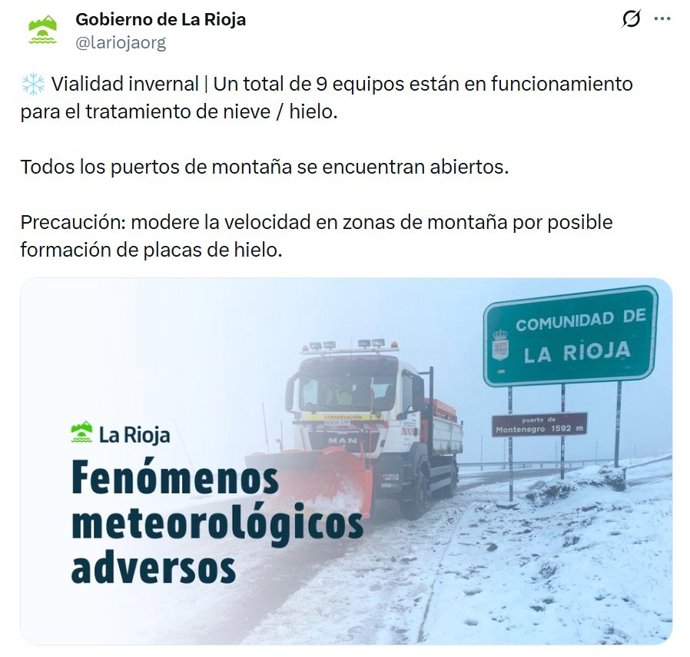 El Gobierno de La Rioja tiene a nueve equipos en funcionamiento para la nieve o hielo en las carreteras de la región