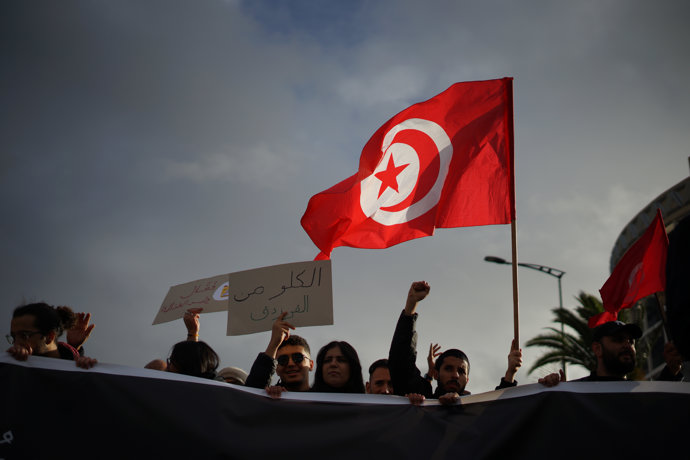 November 22, 2025, Tunis, Tunis, Tunisia, Tunisia: Opposition supporters and activists gather on Habib Bourguiba Avenue to protest worsening economic and social conditions in Tunis, Tunisia on 22 November, 2025. Demonstrators chanted slogans demanding the