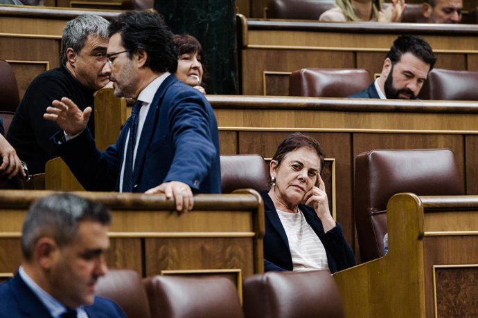 O porta-voz da EH Bildu no Congresso, Mertxe Aizpurua (d), durante uma sessão plenária, no Congresso dos Deputados, em 9 de dezembro de 2025, em Madri (Espanha). A sessão plenária do Congresso dos Deputados está debatendo hoje um projeto de lei do PP que 