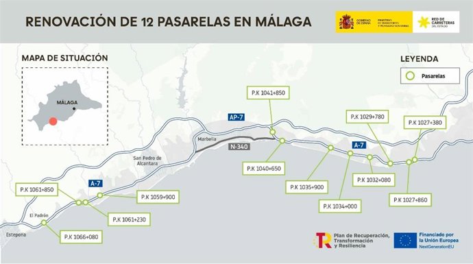 Ransportes mejora la seguridad peatonal en Málaga con la renovación de 12 pasarelas por 1,9 millones de euros.  Las actuaciones se han centrado en mejorar sus condiciones de durabilidad, agravadas por el clima marino de la zona.
