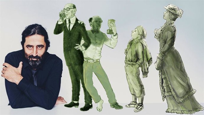 El escultor Alfredo Llorens y los bocetos de las figuras.