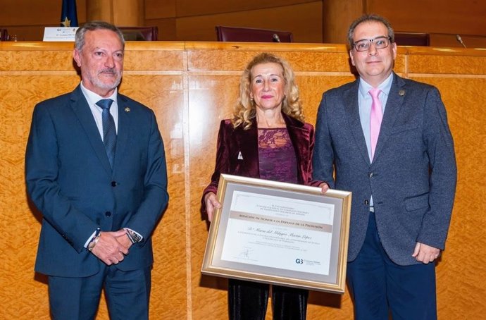 Milagro Martín con José Ramón Barrera Hurtado, vocal del CGGS, y Juan Antonio Montes, presidente del Colegio de Graduados Sociales de Sevilla.