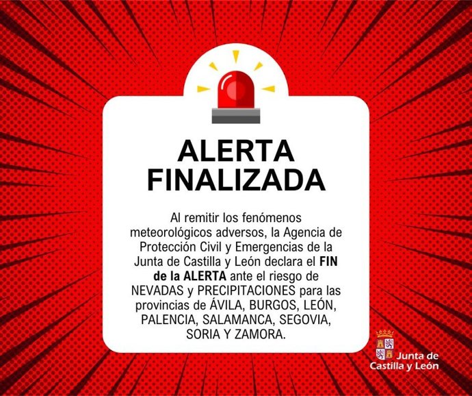 Gráfico difundido por Protección Civil sobre la finalización de la la alerta por riesgo de nevadas y precipitaciones en ocho provincias