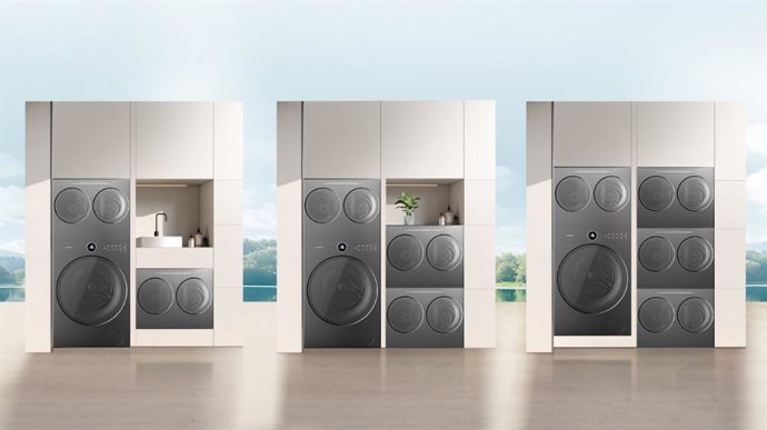 Sistema modular de lavadora e secadora Hisense.