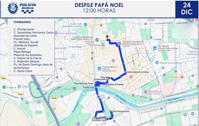 Itinerario del desfile de llegada de Papá Noel a la ciudad de Murcia