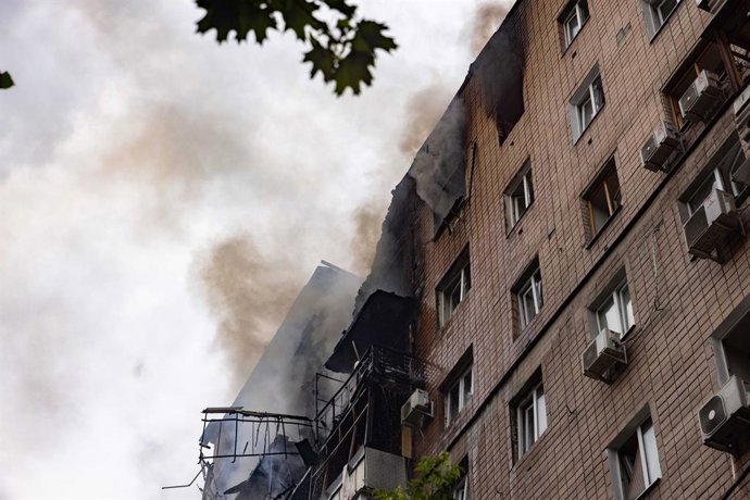 June 7, 2025, Kharkiv, Kharkiv, Ukraine: A view after a Russian attack that hit a residential building in Kharkiv, Ukraine, Saturday, June 7, 2025.
