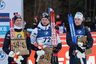 Flower ceremony with Johan-Olav Botn (Norway) 4th place, Sivert Bakken (Norway) 5th place and Sebastian Samuelsson (Sweden) 6th place, Men 10 Km Sprint during the BMW IBU World Cup, Annecy - Le Grand-Bornand Biathlon event on 19 December 2025 in Le Grand-