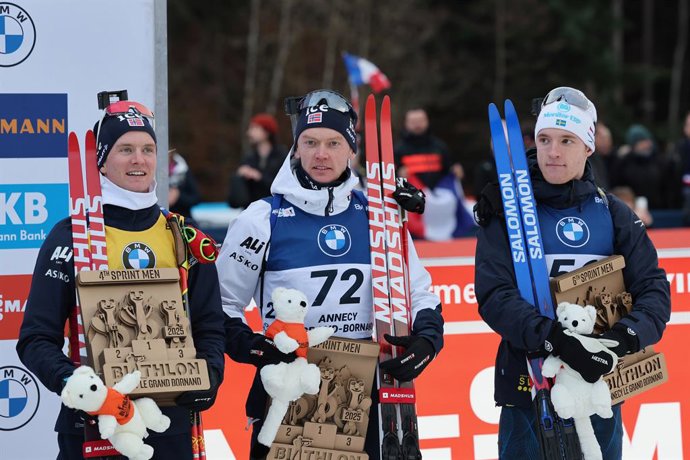 Flower ceremony with Johan-Olav Botn (Norway) 4th place, Sivert Bakken (Norway) 5th place and Sebastian Samuelsson (Sweden) 6th place, Men 10 Km Sprint during the BMW IBU World Cup, Annecy - Le Grand-Bornand Biathlon event on 19 December 2025 in Le Grand-