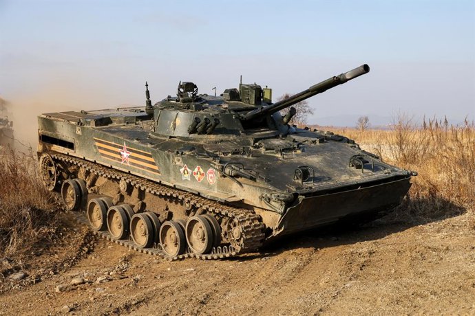 RUSSIA, PRIMORYE REGION - DECEMBER 18, 2025: A BMP-3 infantry fighting vehicle takes part in combat crew training at the Klerk seaborne training ground, Khasansky District