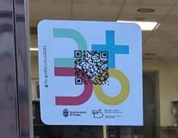 Pegatina vinculada a la capitalidad europea de la Cultura en comercios de Burgos.