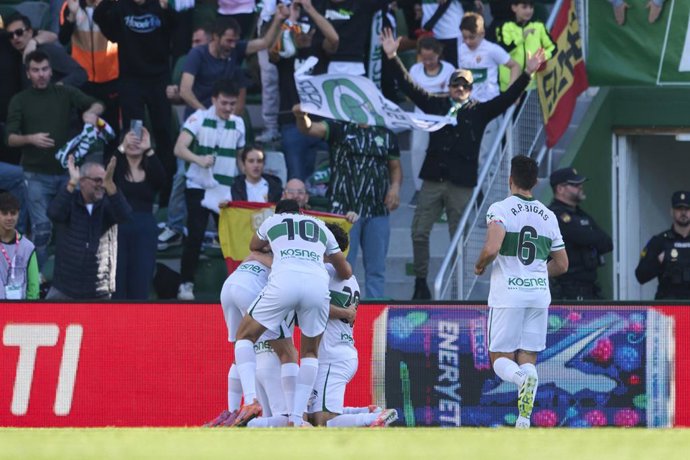 German Valera of Elche CF celebrates after scoring his team's first goal during the Spanish League, LaLiga EA Sports, football match played between Elche CF and Girona FC at Estadio Manuel Martinez Valero on December 7, 2025 in Elche, Alicante, Spain.