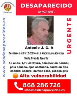 Sucesos.- Buscan a un hombre de 58 años desaparecido en La Matanza (Tenerife) el 25 de diciembre
