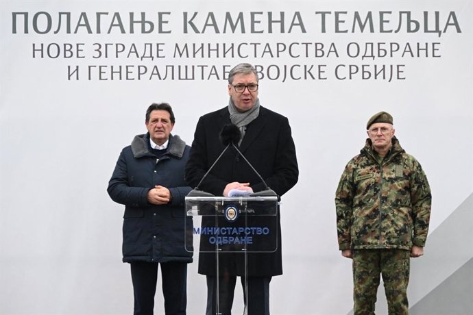 Serbian President Aleksandar Vucic presents work on the future General Staff Headquarters in Belgrade