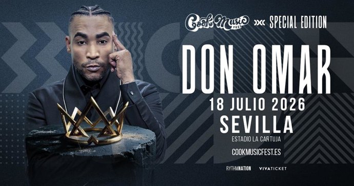 Cartel del concierto de Don Omar en Sevilla, el 18 de julio de 2026, en una edición especial del Cook Music Fest.