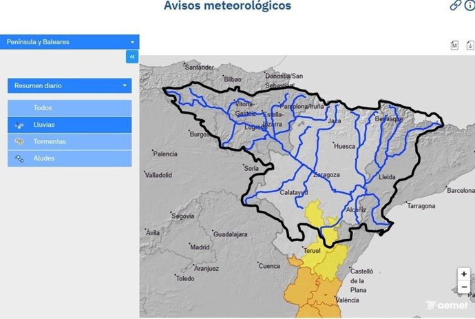 Mapa de la Aemet con los avisos por acumulados de lluvisd para este domingo 28 de diciembre.