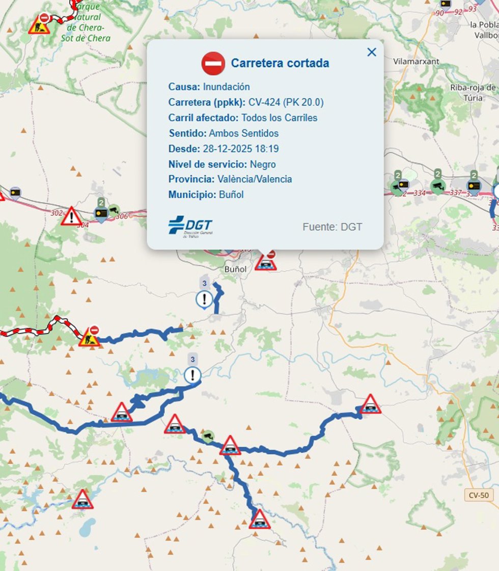 Mapa con carreteras afectadas por las lluvias
