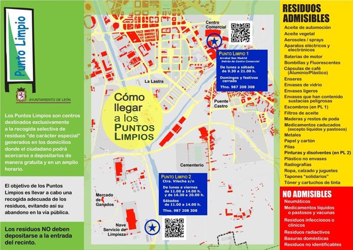 Cartel informativo del Ayuntamiento de León sobre los puntos limpios y recogida de residuos.