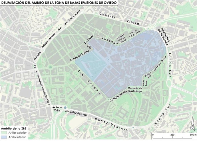 Delimitación del ámbito de la zona de bajas emisiones (ZBE) en Oviedo.
