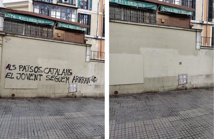 Antes y después de uno de los muros del centro de Palma sobre el que han aparecido las pintadas.