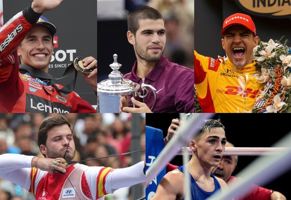 De izquierda a derecha y de arriba abajo: Marc Márquez, Carlos Alcaraz, Alex Palou, Andrés Temiño y Rafa Lozano Jr.