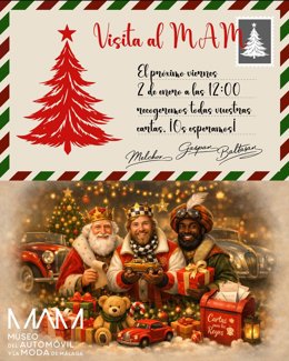 Los Reyes Magos de Oriente visitan el Museo del Automóvil y de la Moda de Málaga para entregar juguetes a Hogar Abierto.