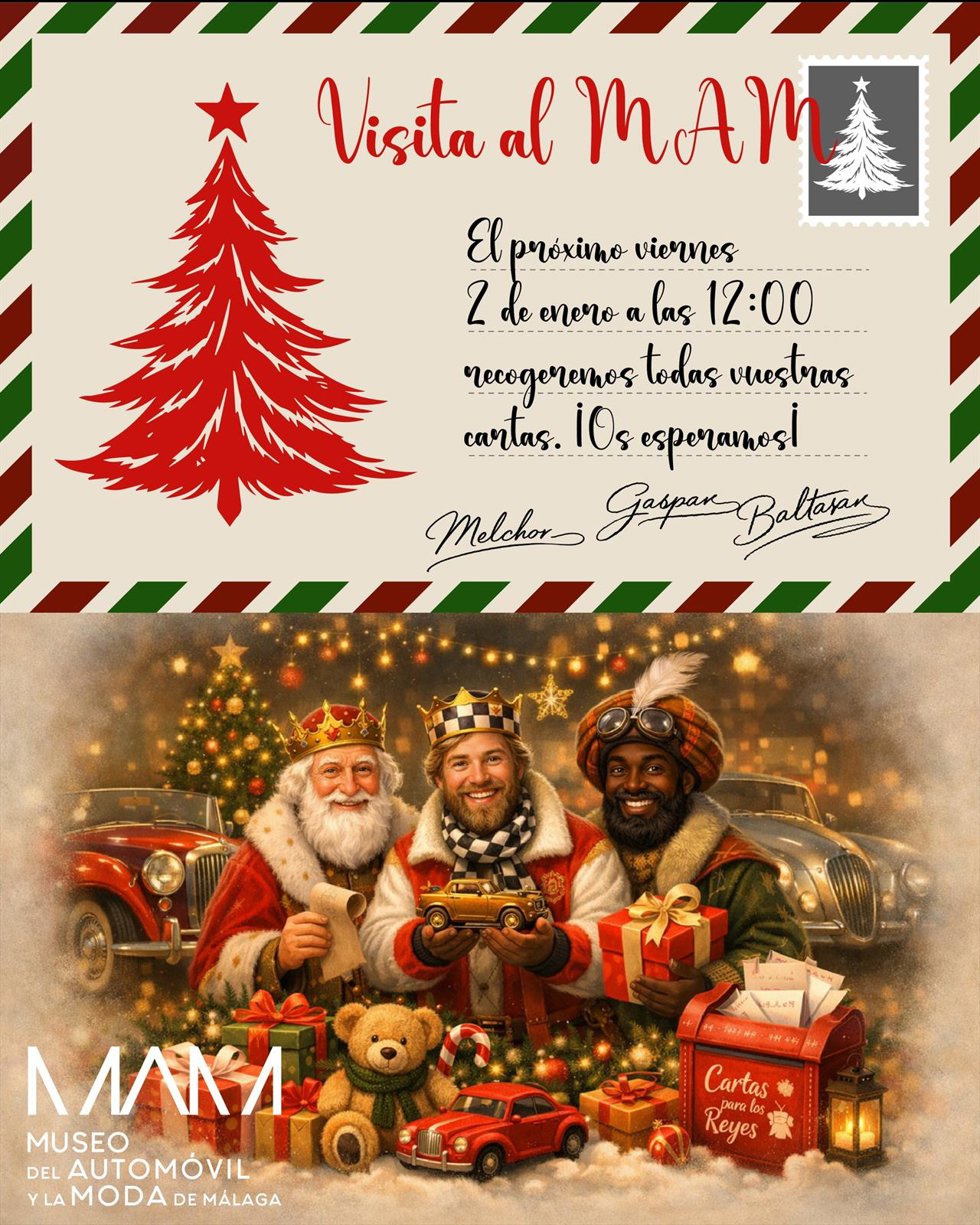 Los Reyes Magos de Oriente visitan el Museo del Automóvil y de la Moda de Málaga para entregar juguetes a Hogar Abierto.