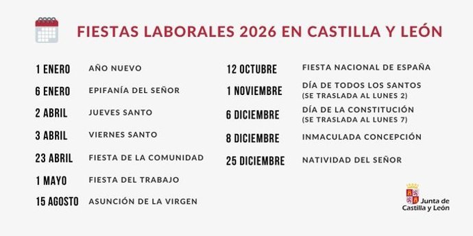 Calenario elaborado por la Junta de Castilla y León con las fiestas laborales de 2026