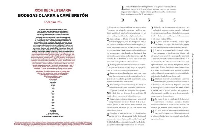 Abierta la convocatoria para la XXXII Beca Literaria Bodegas Olarra y Café Bretón, con 7.000 euros de premio