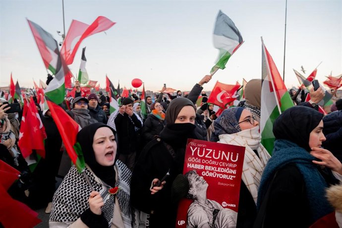 Manifestación propalestina en el puente de Gálata, en Estambul