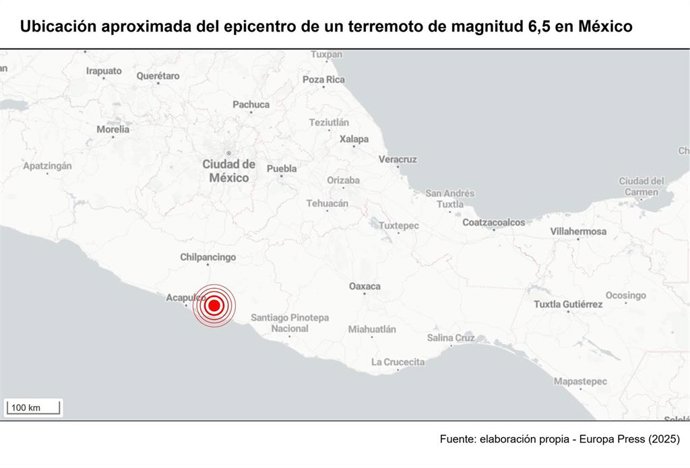 Archivo - Ubicación aproximada del epicentro de un terremoto de magnitud 6,5 en la escala abierta de Richter en México