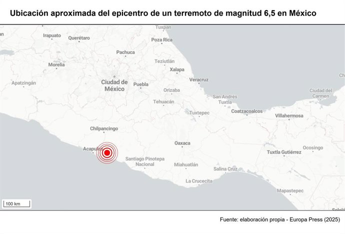 Archivo - Ubicación aproximada del epicentro de un terremoto de magnitud 6,5 en la escala abierta de Richter en México