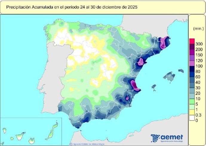 España registra 221 l/m2 de lluvias acumuladas desde el 1 de octubre, un 1% menos que lo habitual.
