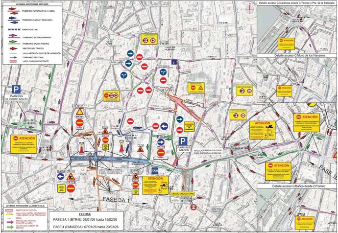 Mapa de las obras del del carril bus segregado para el bus de tránsito rápido (BTR) Santa Justa-Plaza del Duque en Sevilla.