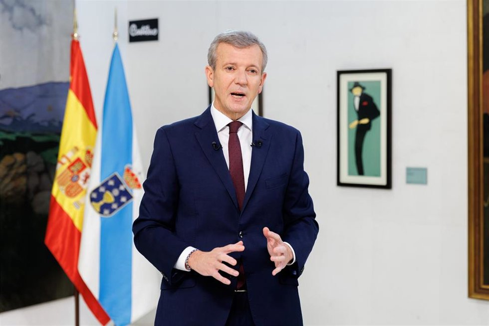 El presidente de la Xunta, Alfonso Rueda, durante la grabación del mensaje de Fin de Año de 2025. Museo Provincial (Pontevedra)