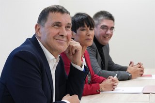Archivo - (I-D) El coordinador general de EH Bildu, Arnaldo Otegi; la portavoz de EH Bildu en Gipuzkoa, Maddalen Iriarte y el senador de EH Bildu Gorka Elejabarrieta, durante la reunión de su Mesa Política, en la sede de EH Bildu, a 27 de noviembre de 202