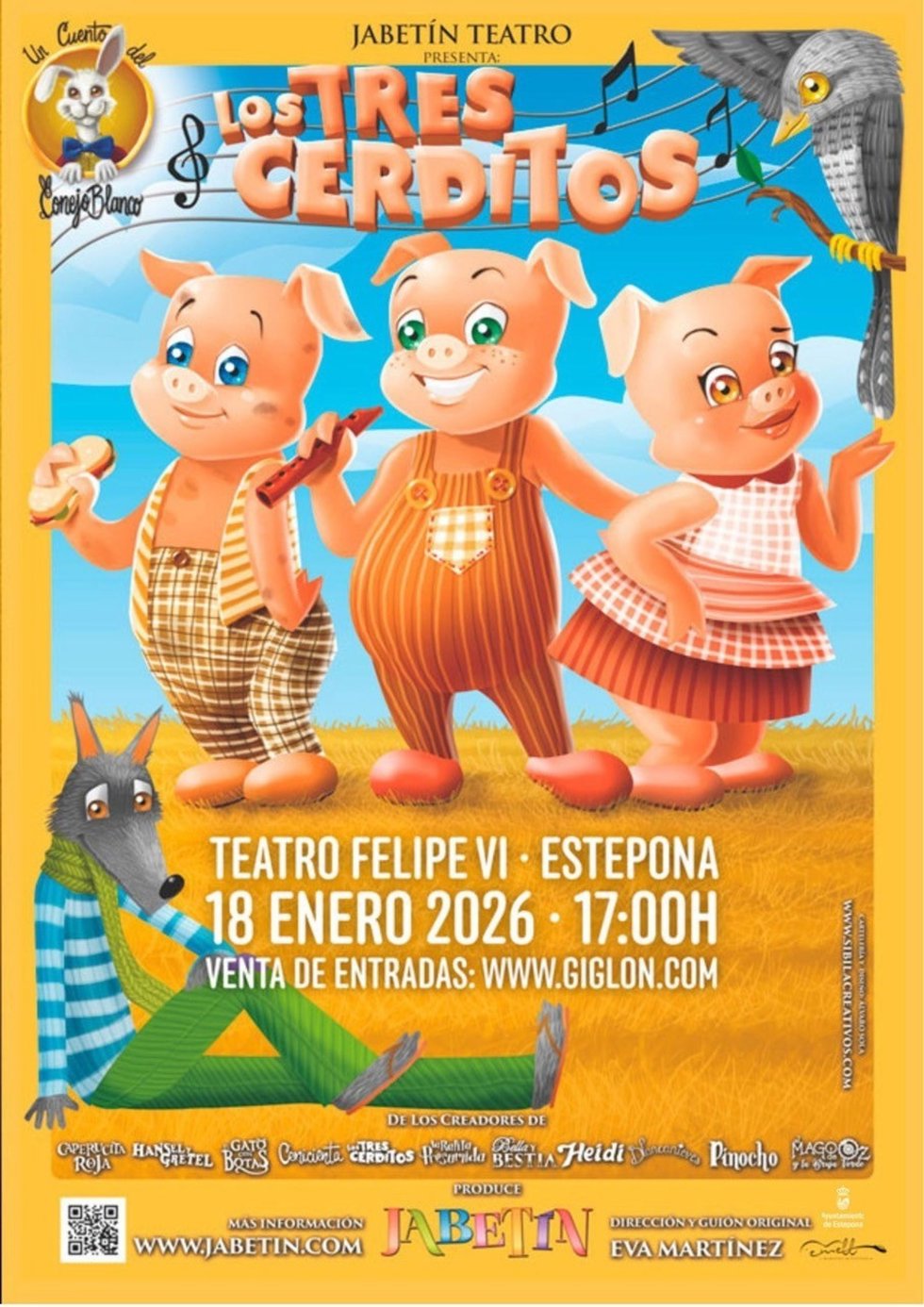 Cartel del clásico infantil 'Los tres cerditos' que llega a Estepona este enero.