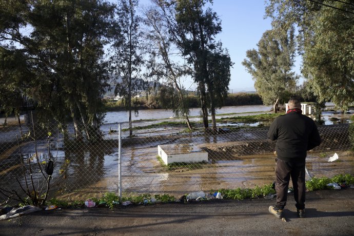 Crecida del río por las lluvias de la borrasca 'Francis' a su paso por el Puente de la estación de Cártama. A 05 de enero de 2026, en Cártama, Málaga (Andalucía, España).