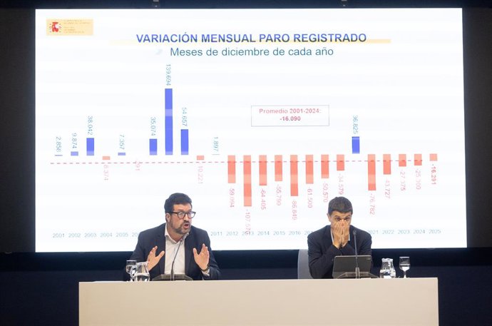 Los secretarios de Estado de Trabajo, Joaquín Pérez Rey, y de Seguridad Social y Pensiones, Borja Suárez, presentan los datos de paro registrado y de afiliación a la Seguridad Social correspondientes al mes de diciembre de 2025, a 5 de enero de 2026, en M