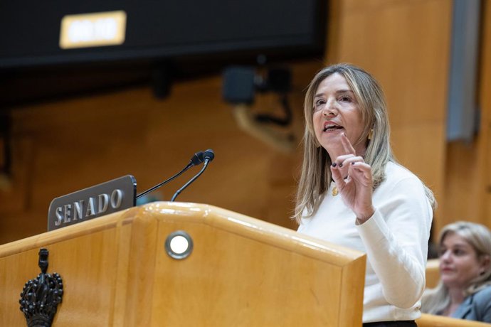 A porta-voz do PP no Senado, Alicia García, intervém durante uma sessão de controle do Governo, no Senado, em 16 de dezembro de 2025, em Madri (Espanha). O governo enfrenta a última sessão de controle no Senado do ano de 2025 e responderá