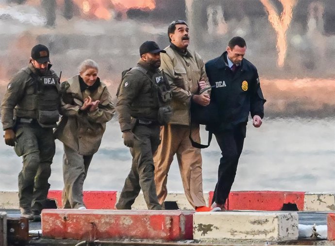 O presidente venezuelano Nicolas Maduro e sua esposa, Cilia Flores, escoltados por agentes da DEA até um tribunal de Nova York após sua captura em 3 de janeiro em uma operação dos EUA no país sul-americano.
