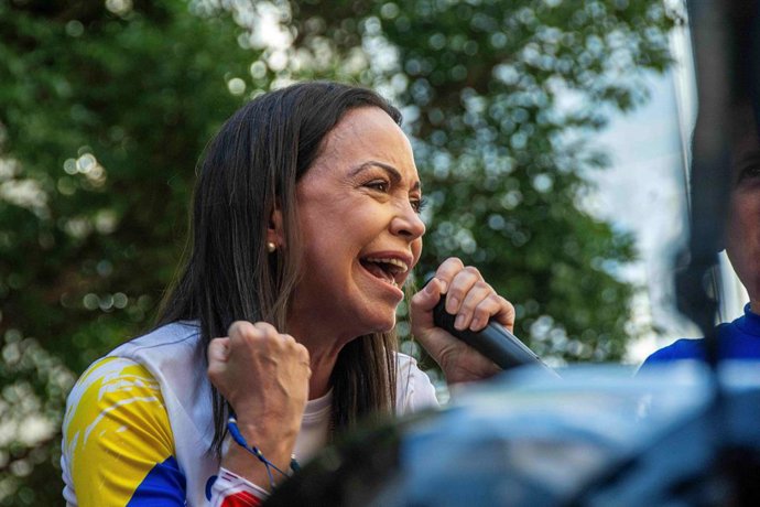 Archivo - January 9, 2025, Caracas, Miranda, Venezuela: The leader of the opposition Maria Corina Machado, appears at the rally of the opposition called by her, in the streets of Caracas...Government and opposition marches and rallies prior to the preside
