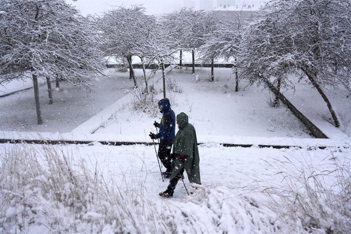 Varias personas disfrutan de la nieve en una calle de Vitoria (Álava), a 6 de enero de 2026 