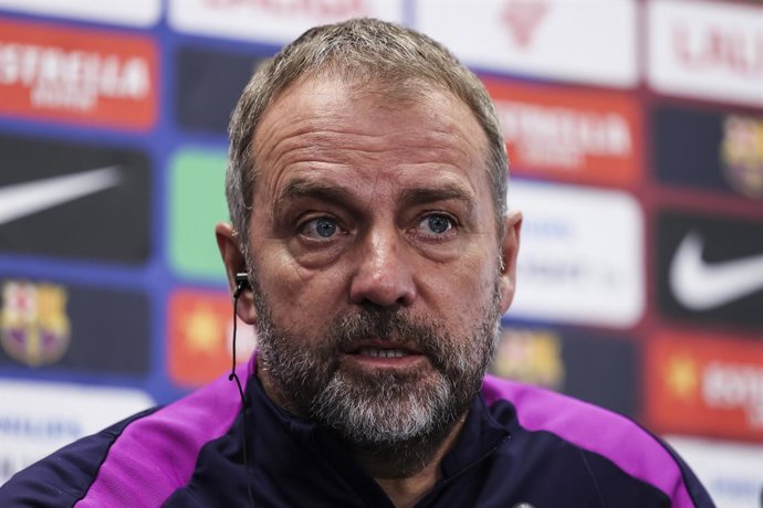 Hansi Flick, head coach of FC Barcelona, attends his press conference during the training day of FC Barcelona ahead the Spanish League, La Liga EA Sports, football match against RCD Espanyol at Ciudad Esportiva Joan Gamper on January 02, 2026 in Sant Joan