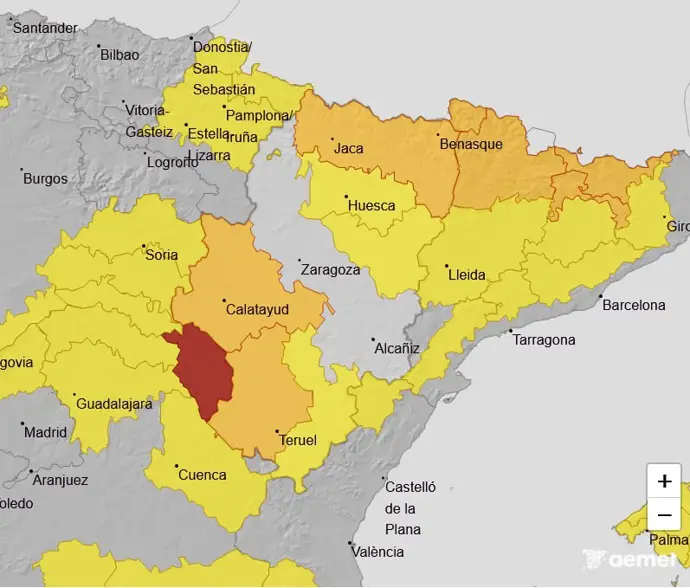 Mapa de avisos por temperaturas mínimas para la noche del 6 al 7 de enero. - GOBIERNO DE ARAGÓN.