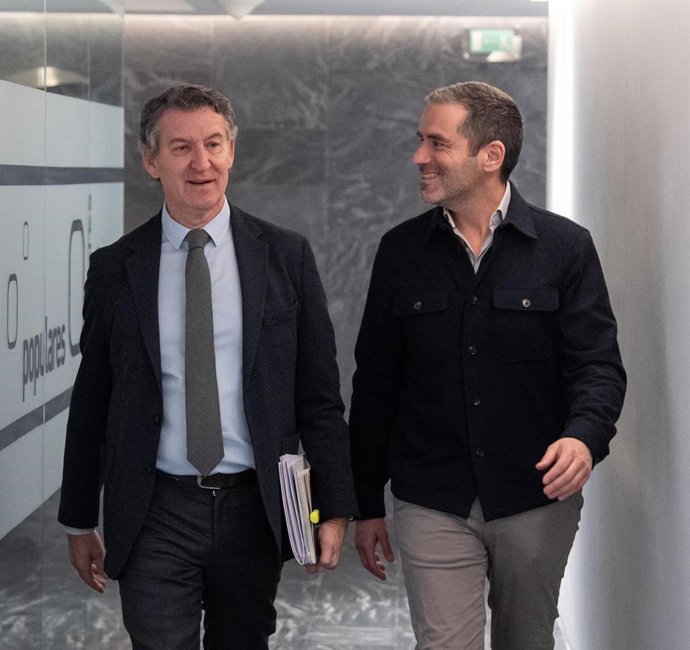 El líder del PP, Alberto Núñez Feijóo, junto al portavoz y vicesecretario de Cultura, Borja Sémper, antes de la reunión del comité de dirección.