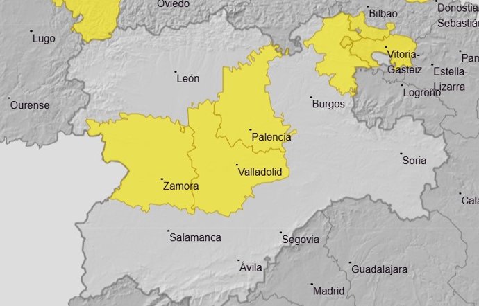 Mapa de avisos en Castilla y León para el 8 de enero de 2026.