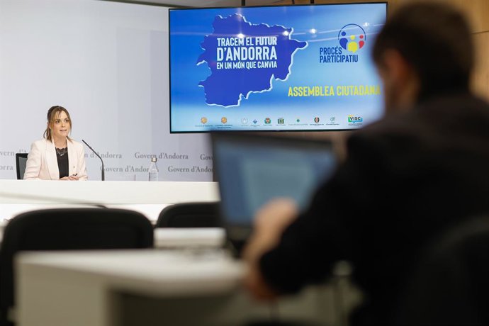 La secretària d'Estat d'Igualtat i Participació Ciutadana d'Andorra, Mariona Cadena, durant la roda de premsa d'aquest dimecres