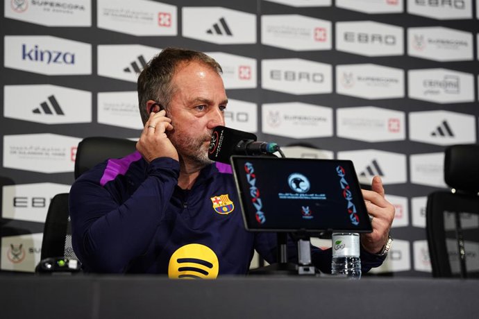January 6, 2026, Jeddah, Saudi Arabia: FC Barcelona coach Hansi Flick speaks during a press conference ahead of the Spanish Super Cup semi-final match between Barcelona and Athletic Bilbao at King Abdullah Sports City.